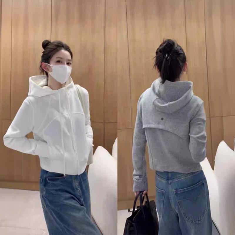 Season hooded drawstring zipper back embroidery net version simple cardigan sweater jacket women