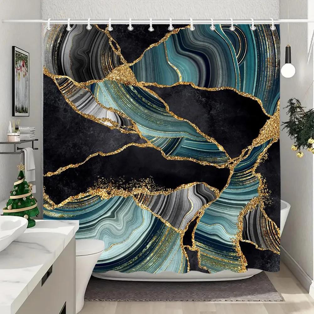 Blue Gold Textured Marble Shower Curtain Black White Natural Art Pattern Polyester Fabric Washable Shower Curtain Bathroom Dec