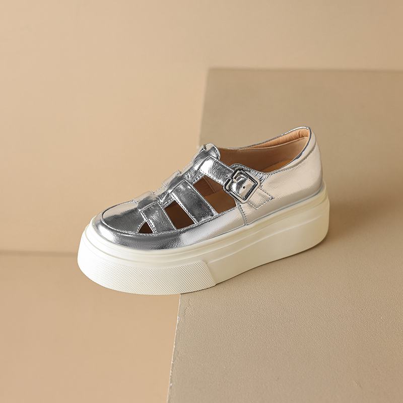 Krazing Pot Baskets en cuir véritable pour femme, chaussures décontractées, printemps, automne, été, plateforme, sangles à boucle, couleur argent