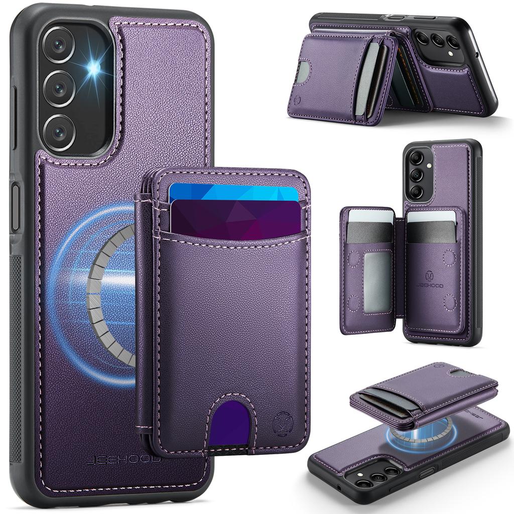For Samsung Galaxy A14 4G/Galaxy M44 5G/Galaxy A14 5G Magnetic Case JEEHOOD J10 Leather Back Phone Cover with Detachable Card Holder Kickstand