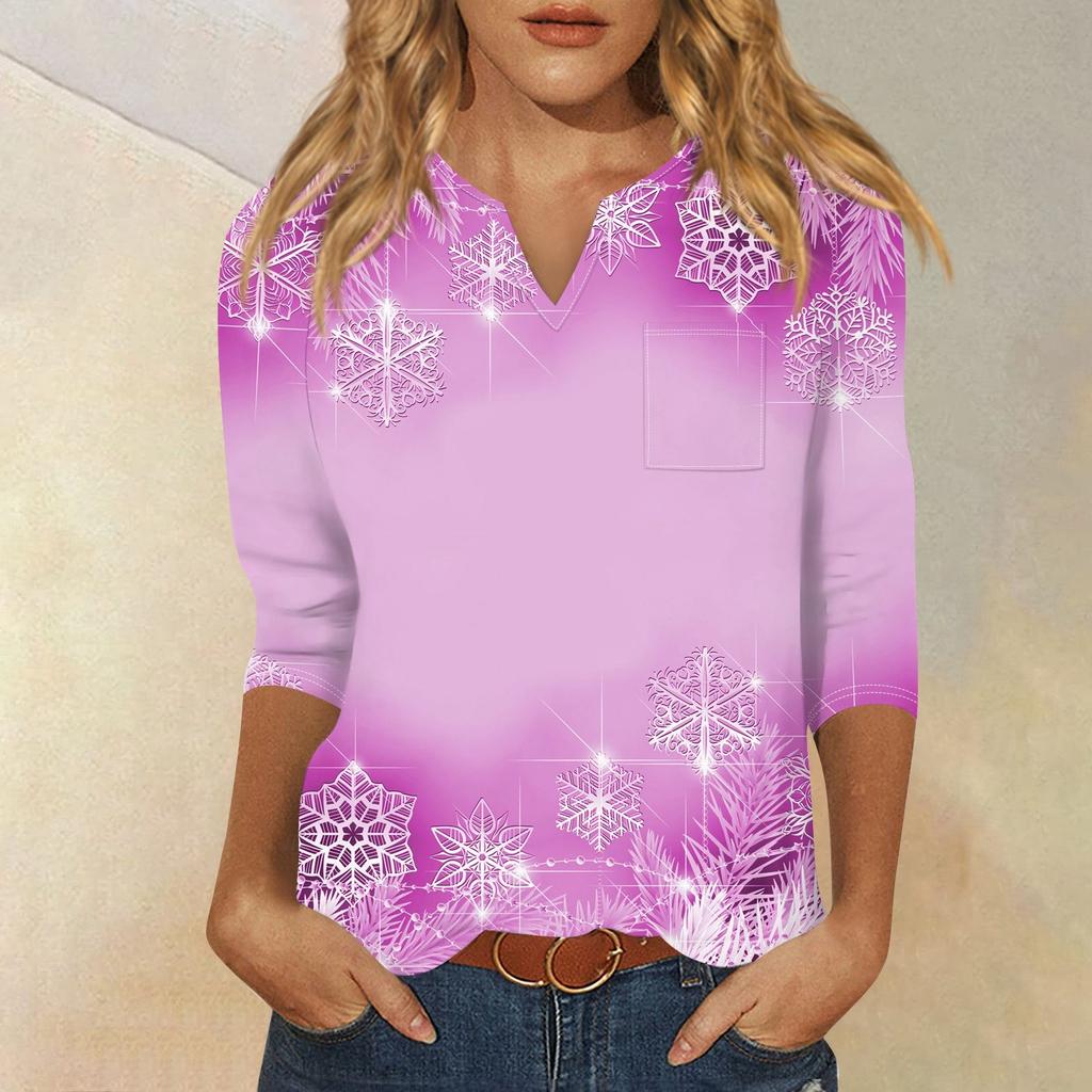 Seven Inch Sleeve Women's Top Printed Retro Fashion Casual Loose V-neck Shirt Christmas
