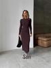 Damen Langarm Herbst/Winter Woll Bodycon Kleid - Gestrickt, Gerippt, Einfarbig, Rundhals