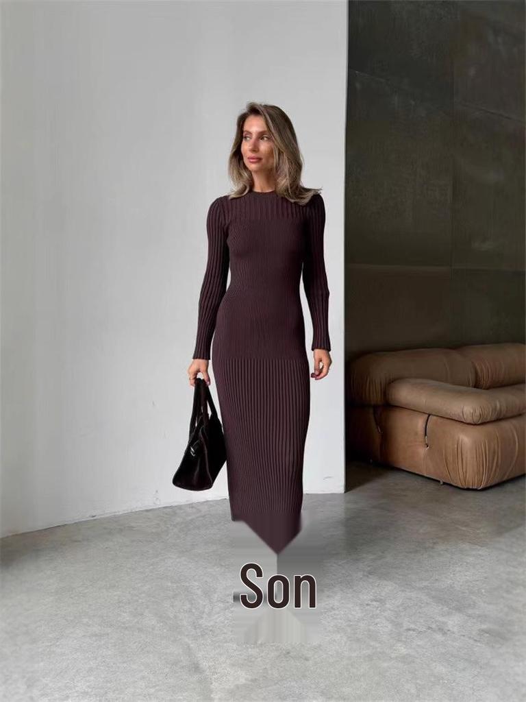 Damen Langarm Herbst/Winter Woll Bodycon Kleid - Gestrickt, Gerippt, Einfarbig, Rundhals