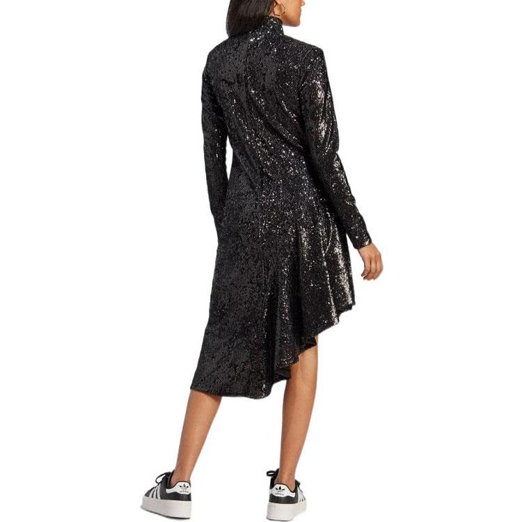 Adidas Originals Blue Version Series Sequin Trim Irregular Hem High Neck Long Sleeve Dress Women Dresses Black HR3413