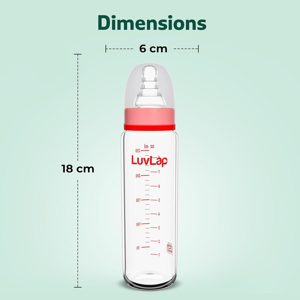 LuvLap Essential Slim Neck Glass Feeding Bottle 250ml 2 Pack Borosilicate Glass BPA Free Anti Colic Ergonomic Baby Feed
