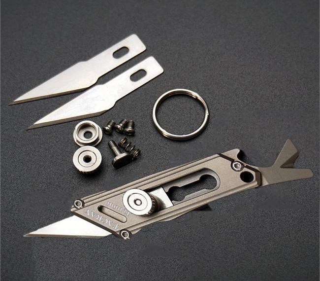 Titanium Alloy Utility Knife Push Pocket Knife Portable Bottle Opener Crowbar Outdoor Survival EDC Tool Keychain Unboxing Cutter