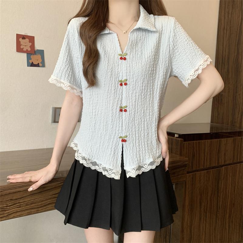 Wrinkle Style Women's T-shirt Turndown Collar Lace Edge Three-dimensional Splicing T-shirts Summer Casual Lady Pullover Top