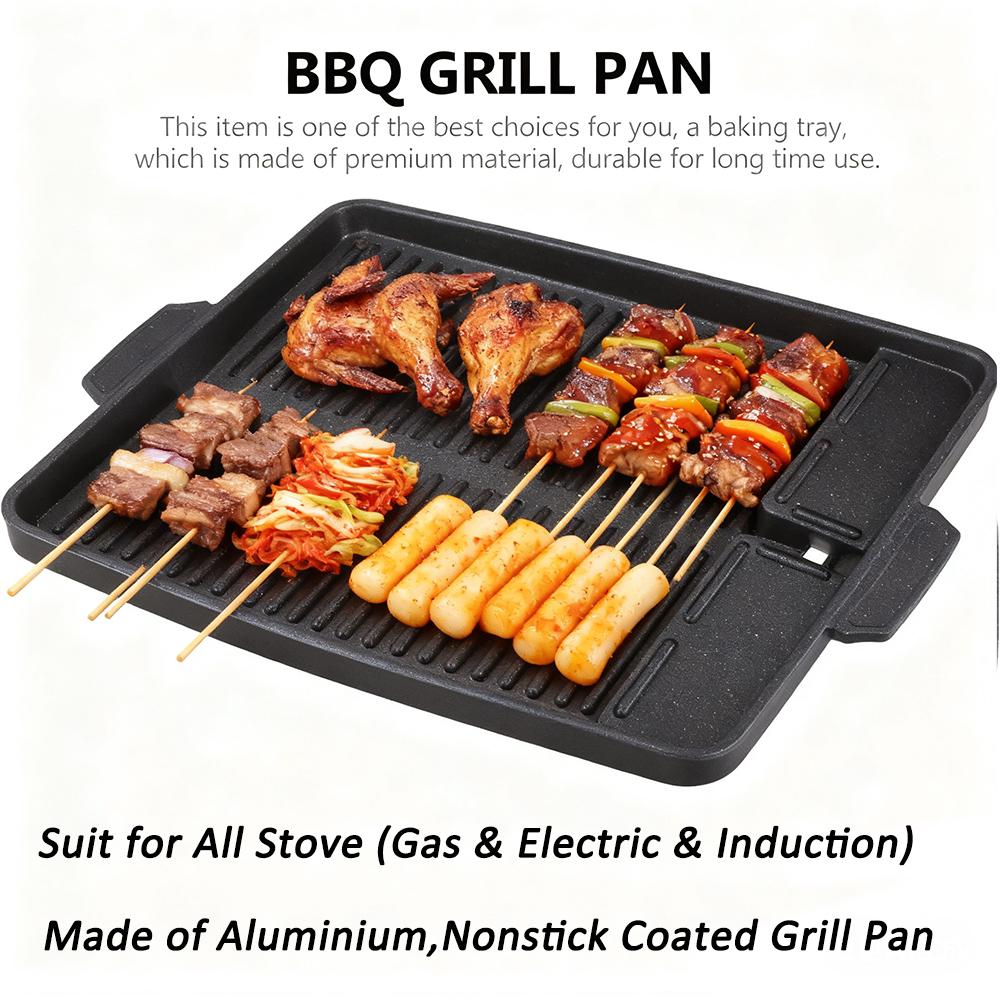 Korean BBQ Grill Pan For Indoor Outdoor Cooking Non-Stick Smokeless Rectangular Barbecue Plate with Oil Hole
