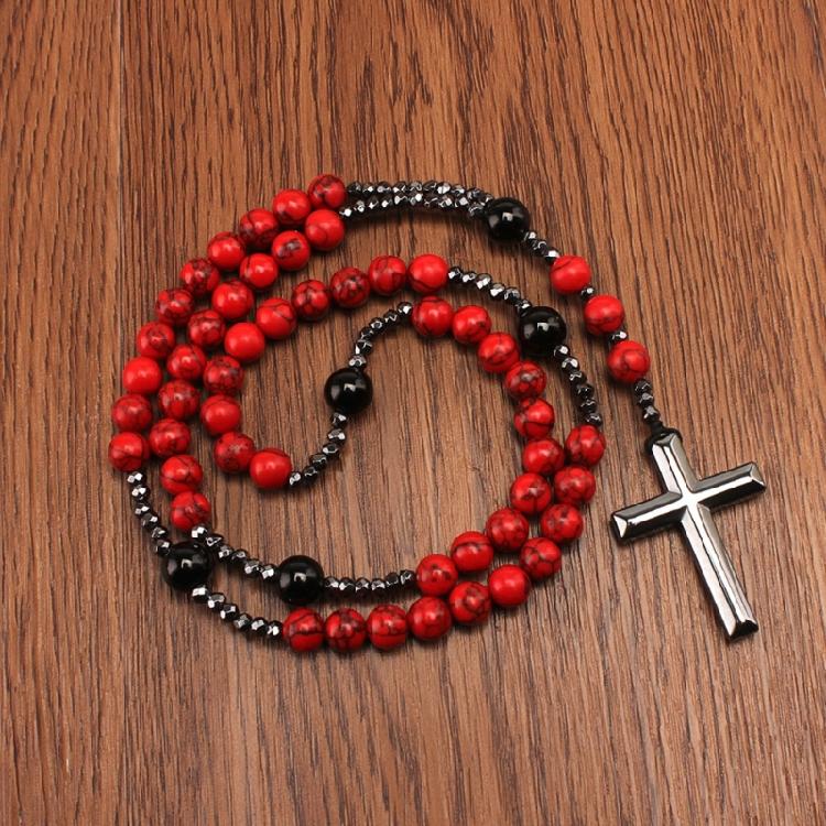 Red Pine Stone Rosary Necklaces Hematite Cross Meditation Jewelry Religious Gift