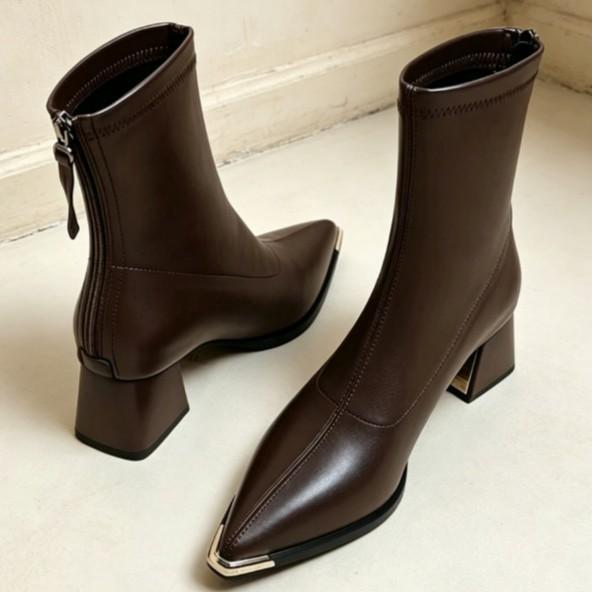 French pointed high-heeled short boots women's autumn and winter metal head thick heel commuting versatile rear zipper women's boots