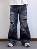 American high street inkjet ripped jeans men's and women's street trendy brand heavy industry washed fried street loose wide-leg straight-leg pants