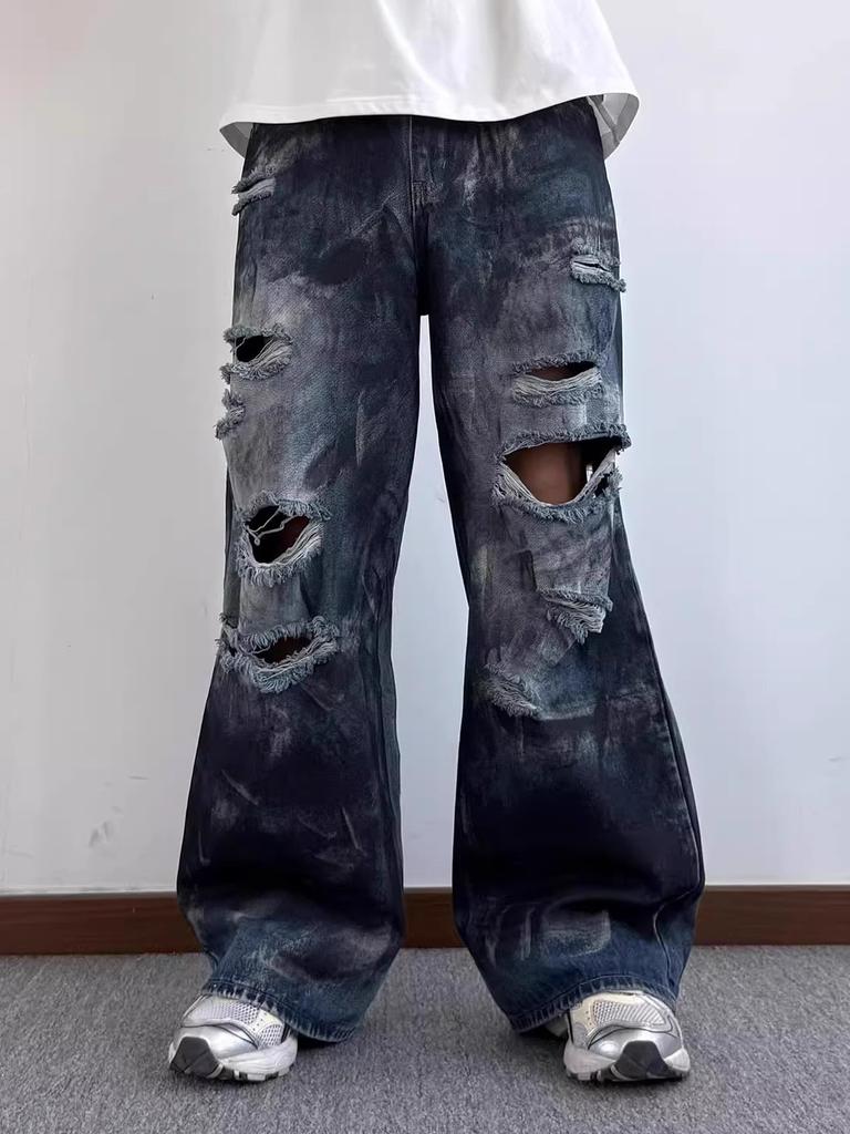 American high street inkjet ripped jeans men's and women's street trendy brand heavy industry washed fried street loose wide-leg straight-leg pants