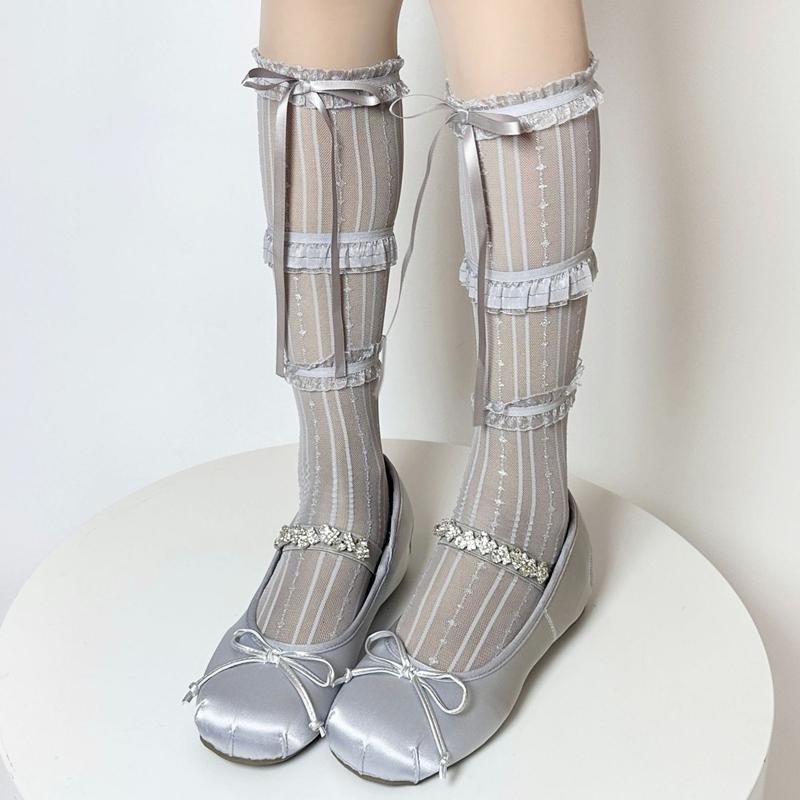 Sommer Lolita Damen Socken Süße Dreilagige Rüschen Spitze Netz Strümpfe für Damen Dünnes Netz Atmungsaktiv Hoher Schaft Schleifen Socken