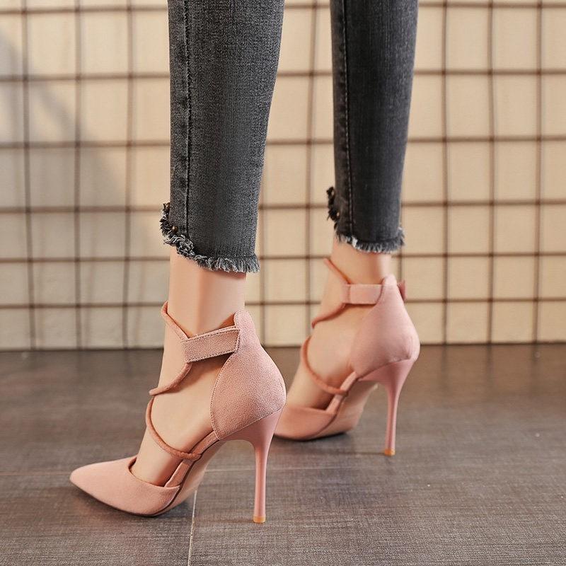 Sexy Pointed Toe Stiletto Heels Women S Cross Strap Flock Upper Shoes