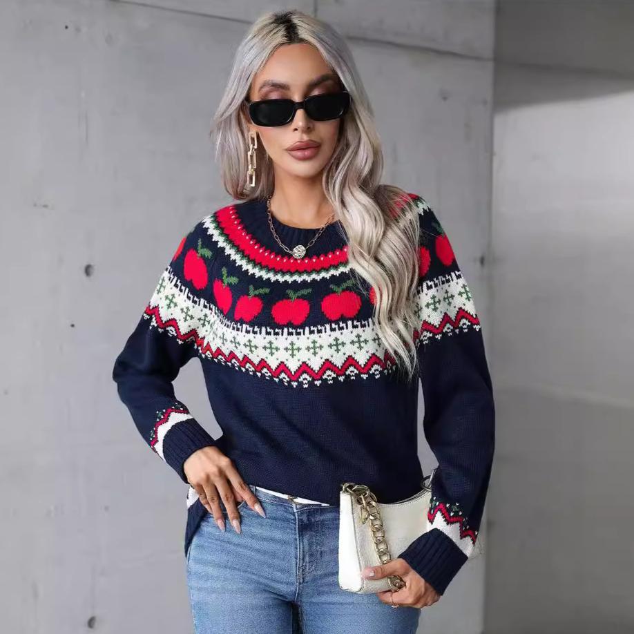 Žieminis Kalėdinis Moteriškas Megztinis su Kalėdinės Eglutės Spauda Madingas Megztinis