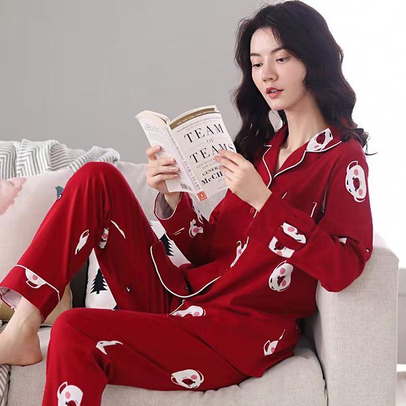 Women's 100% Cotton Long-Sleeve Pajamas for Middle-Aged & Elderly - Loose Cardigan for Autumn/Winter