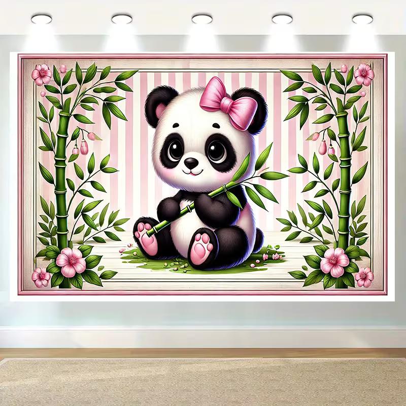 2D Cartoon Baby Panda Cherry Blossom Backdrop Girl Birthday Party Decor Background Cloth