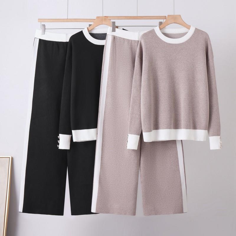 Womens Solid Color Knit Two-Piece Set: Crew Neck Pocket Sweater Wide-Leg Loose Pants Winter