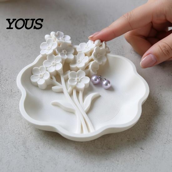 Small Item Organizer 3D Printed Floral Jewelry Tray with Wavy Edge, Carving Flower Earrings Ring Holder Necklace Dish Tray, Decorative