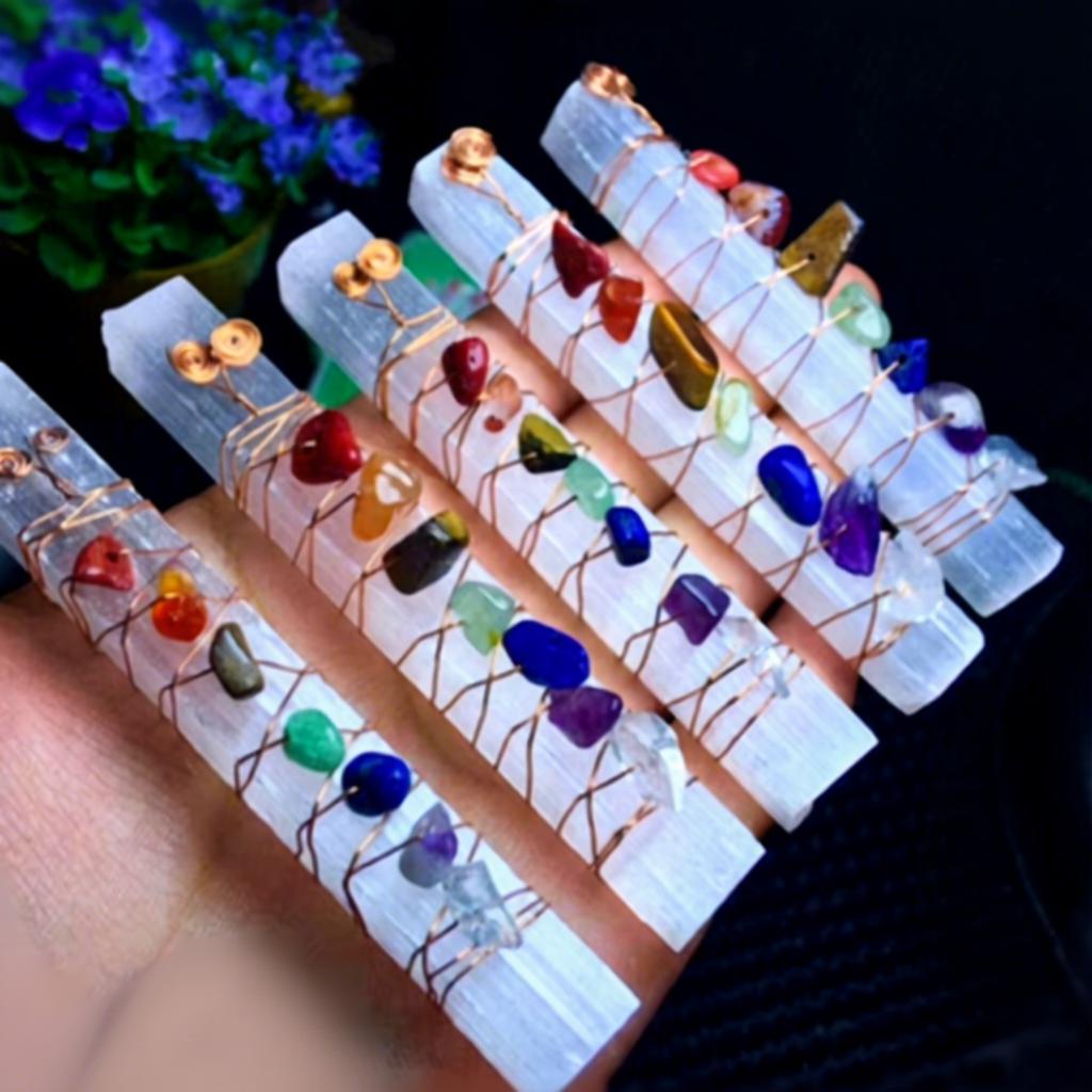 Donghai Healing Crystals Meditation Stones Beads Wire Wrapped Selenite Stick Reik Chakra Crystal Wand for Yoga Meditation Gifts