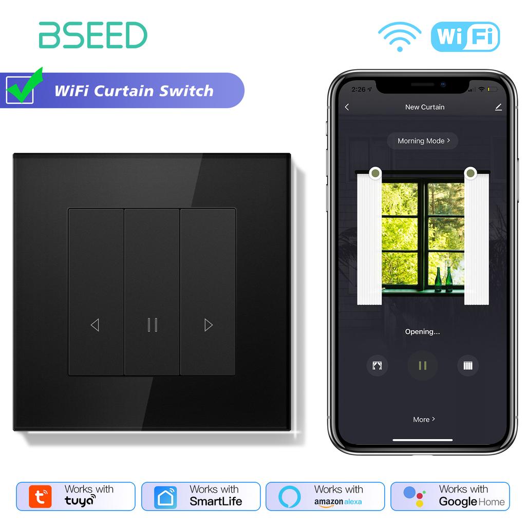 BSEED Smart Curtain Switch Series Wall WIFI Click Switches Yellow Backlight Glass Frame Tuya APP Switch EU Wall Sockets with USB