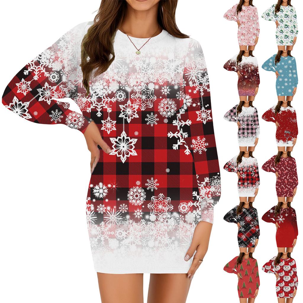 Rochie casual de modă pentru femei, cu imprimeu de Crăciun, cu gât rotund și mâneci lungi