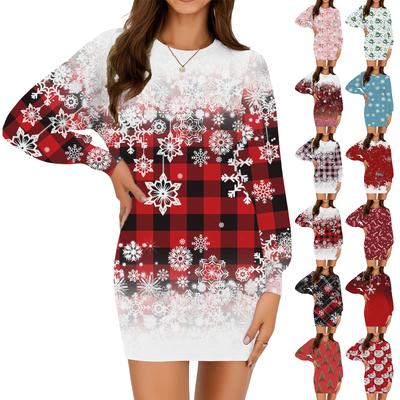 Women's Fashion Casual Christmas Print Round Neck Long Sleeve Dress