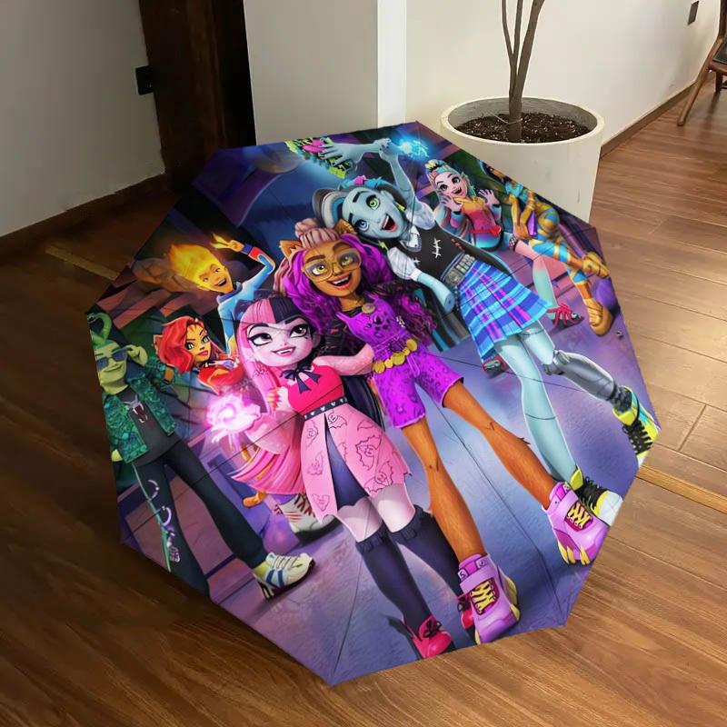 1pc Monster High Ghoulfriends Pattern Small Travel Compact Windproof Umbrella, Automatic Folding Umbrella, Automatic Open/Close ,Gift