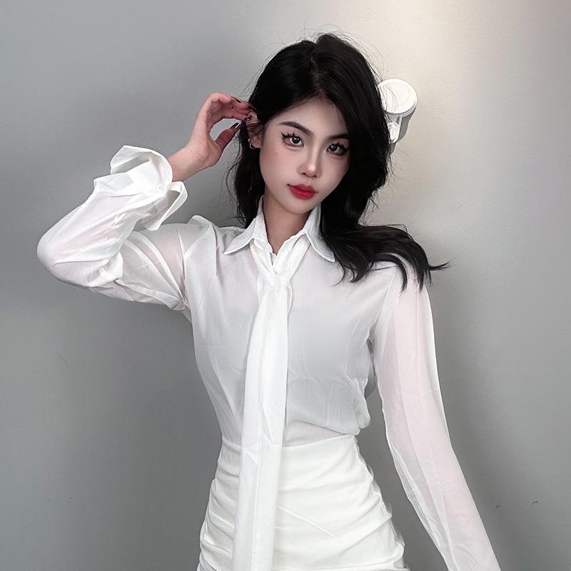 Korean Dongdaemun Gentle Sexy Feminine Ribbon Sheer Long Sleeve Shirt