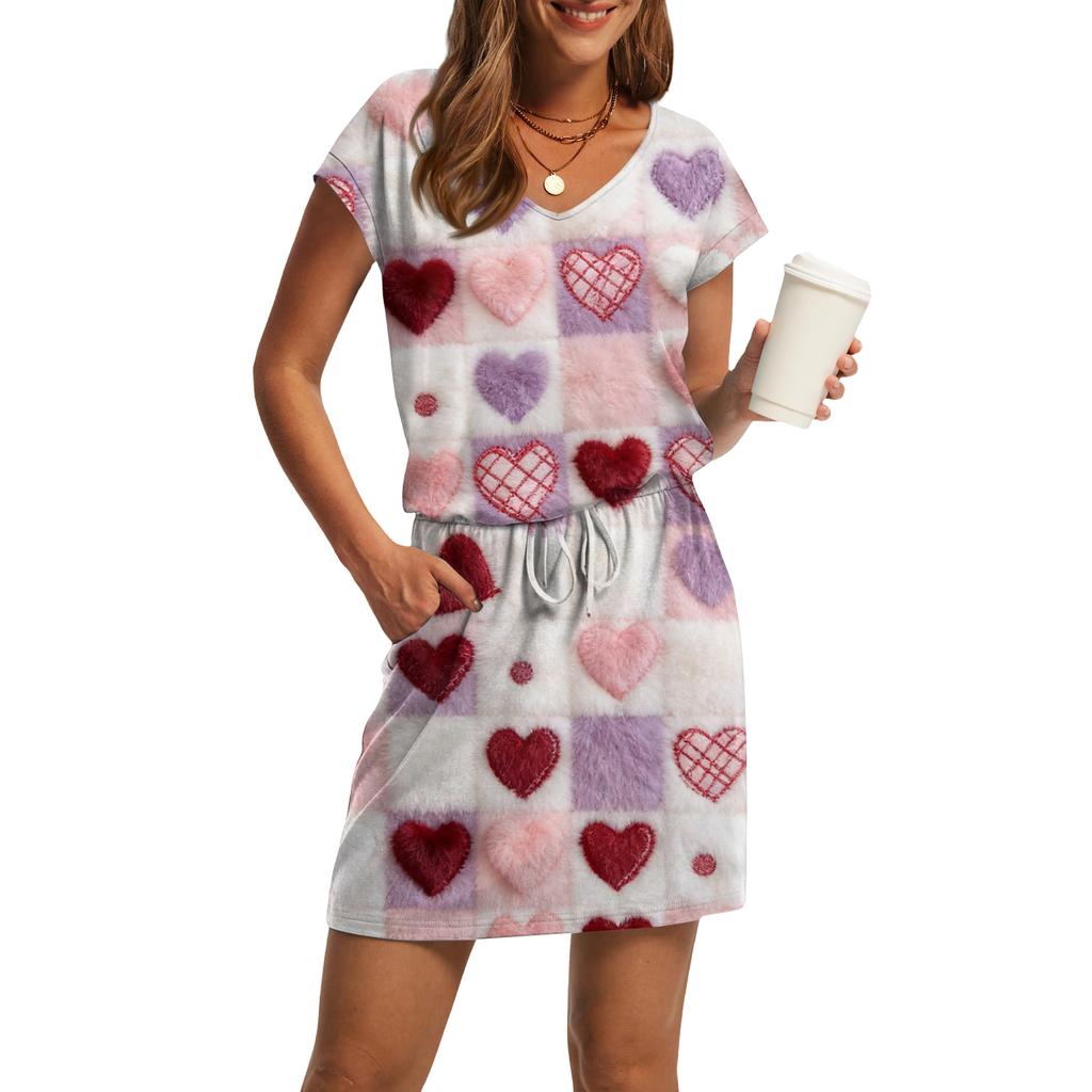 Women's V,Neck Short,Sleeve Drawstring Pocket Valentine's Day Print Casual Dress
