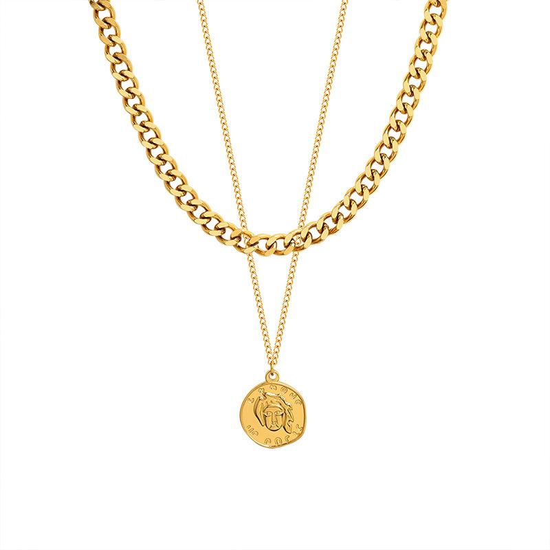 Hainon Stainless Steel Necklace Double Layered Portrait Gold Plated Sweater Chain Pendant Necklace 19.6inches