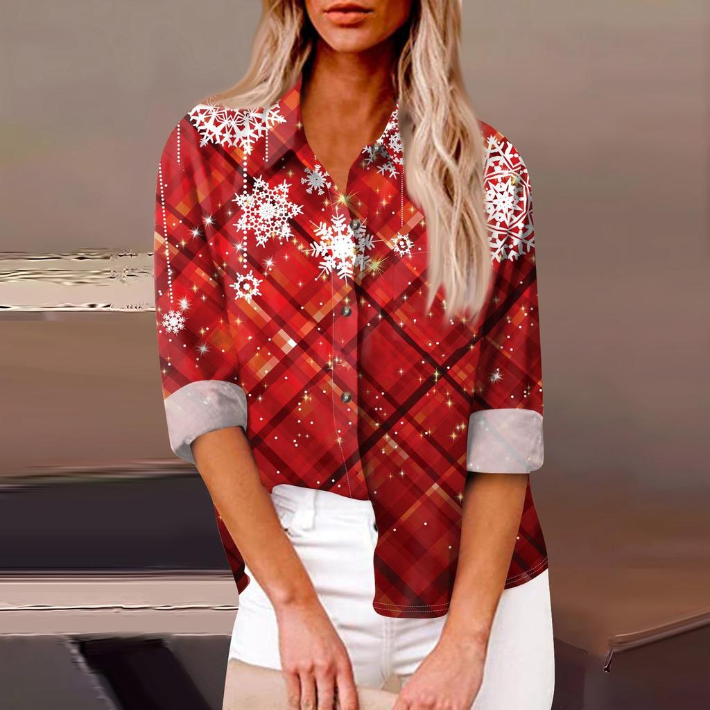 Women's Loose Casual Long-sleeved Christmas Print Shirt Print And Pocket Cardigan