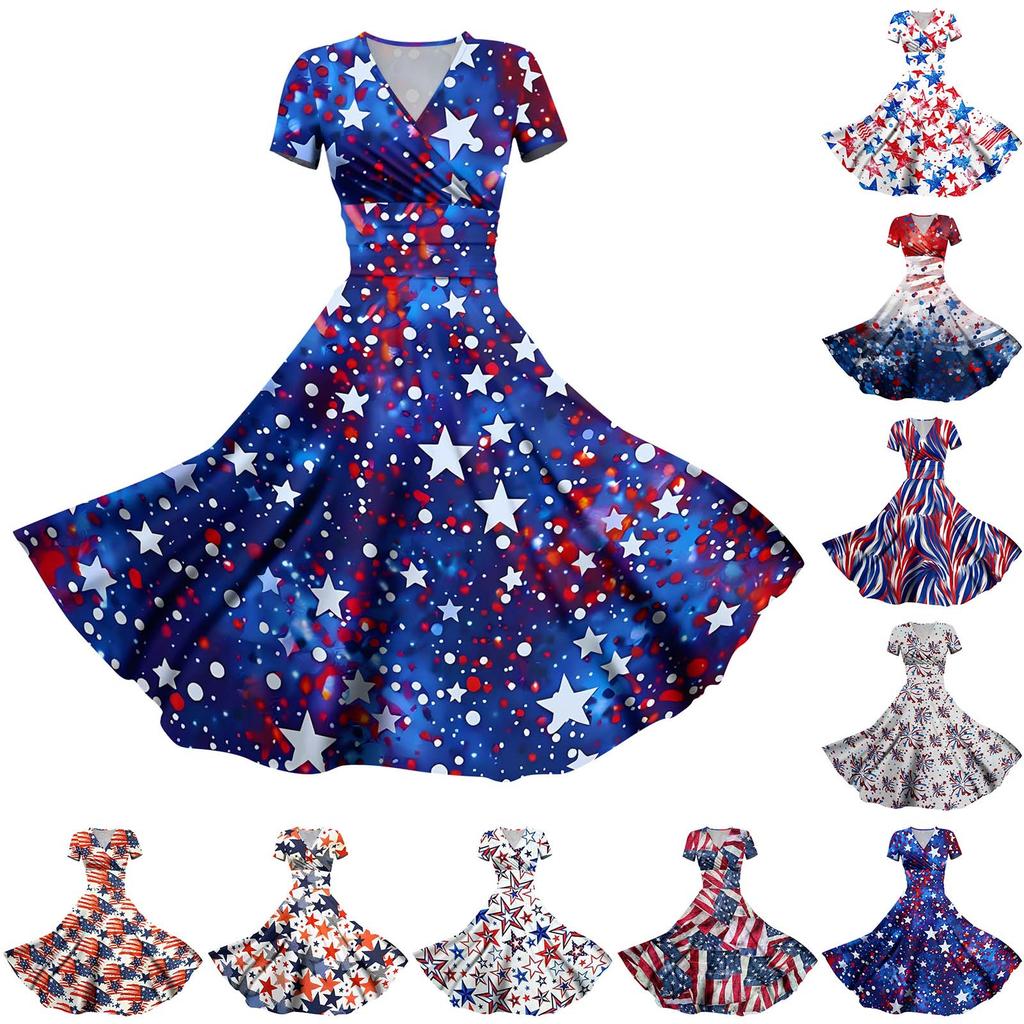 Women's Fashion Casual Independence Day Printed Short Sleeve Dress Elegant Maxi Dress