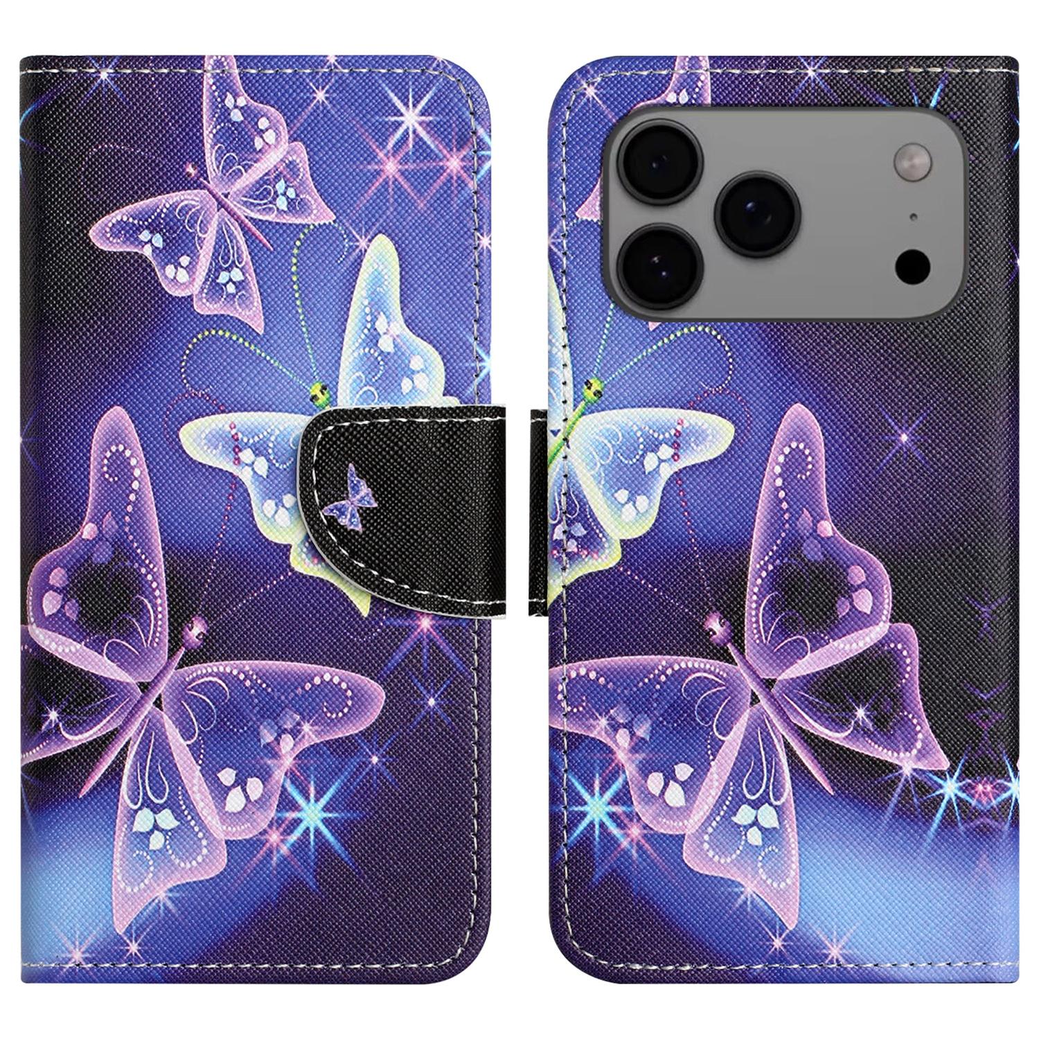 

For iPhone 17 Pro Max Case Pattern Printing Cross Texture Leather Phone Cover Sparkling Butterfly