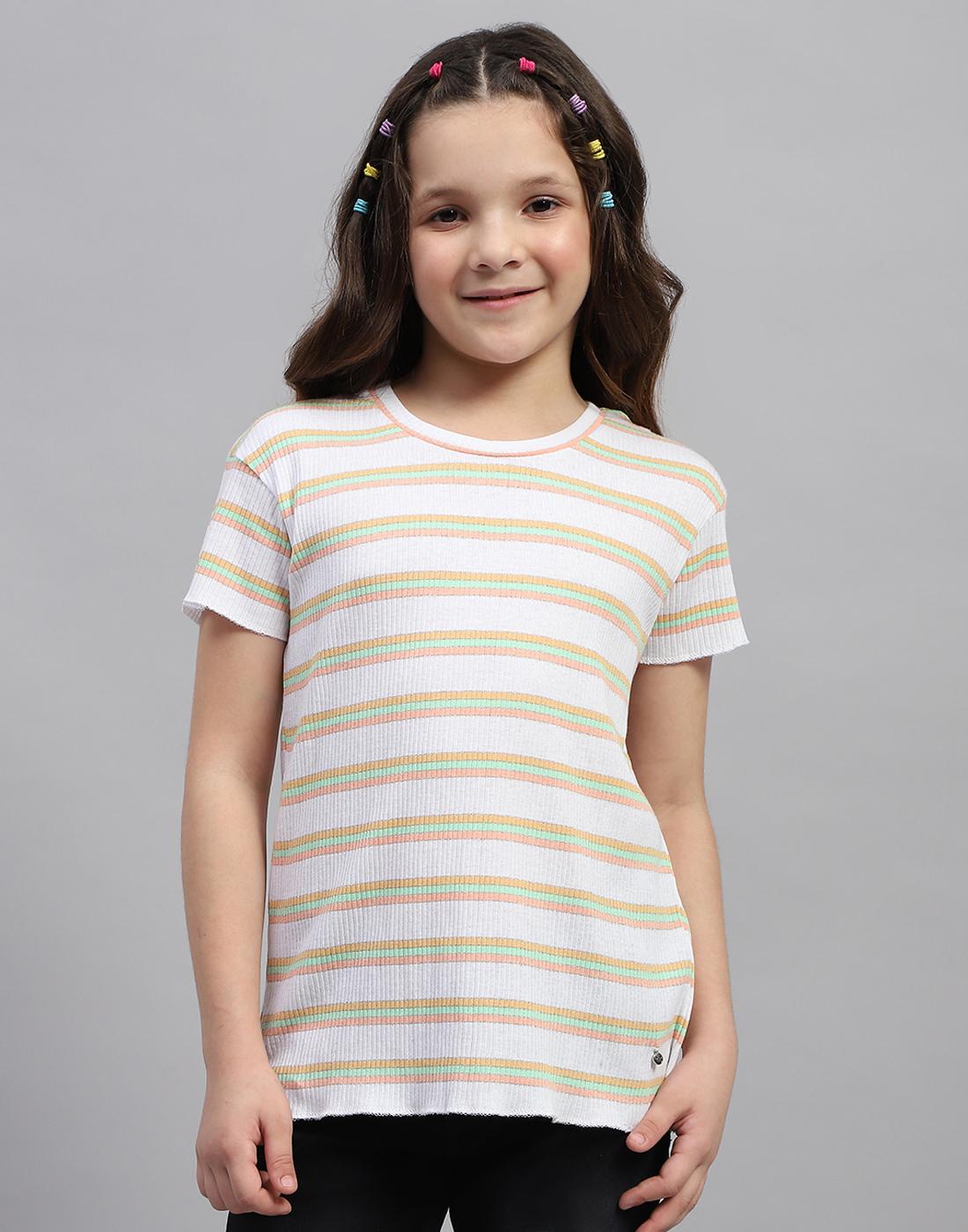 Monte Carlo Girls Orange Striped Round Neck Half Sleeve Top 4-5 Years