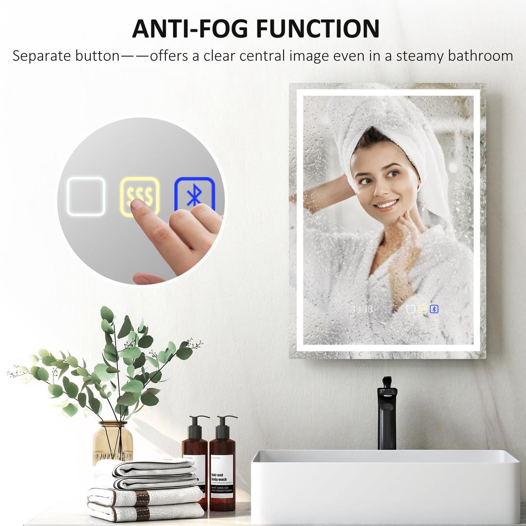 50 X 70 Cm Anti-Fog LED Bathroom Mirror, with Bluetooth and Clock - Silver Tone