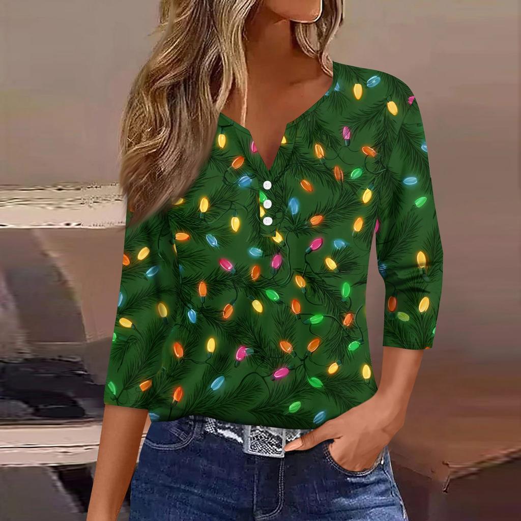 Camiseta de mujer con estampado navideño, botones, manga 3/4, para uso diario, fin de semana, básica, cuello en V, camiseta regular