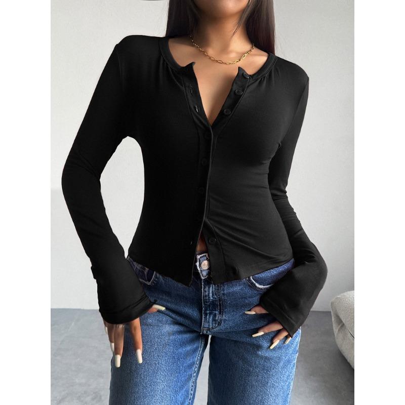 DAFIFY Women's Fashion Casual Spring Autumn Solid Color Print Long Sleeve V-Neck Blouses & Shirts