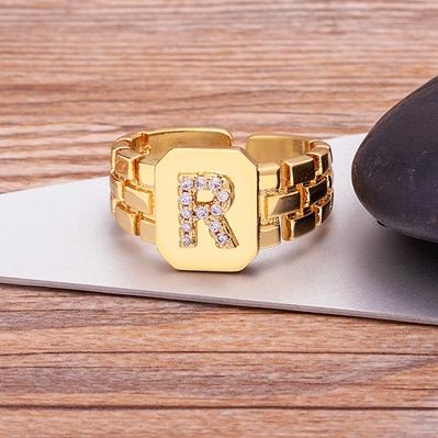 New Arrival Fashion Gold Color Initial Ring Open Design Adjustable Hot Sale Watchband Chain A-Z Letters Zircon Rings For Women