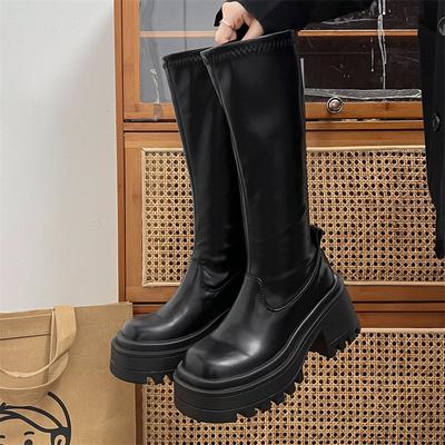 Bottes hautes noires à tube évasé et semelles épaisses, bottines fines d'automne pour femmes, longueur genou