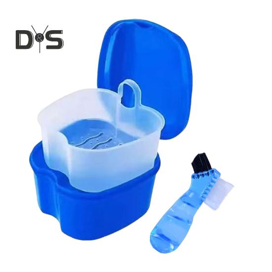 Tannbørstebeholder med dobbeltsidig rengjøringsbørste Bærbar beholder for tannregulering med dreneringskurv Reise Etui for falske tenner/proteser Oppbevaringsbeholder for tannskinne