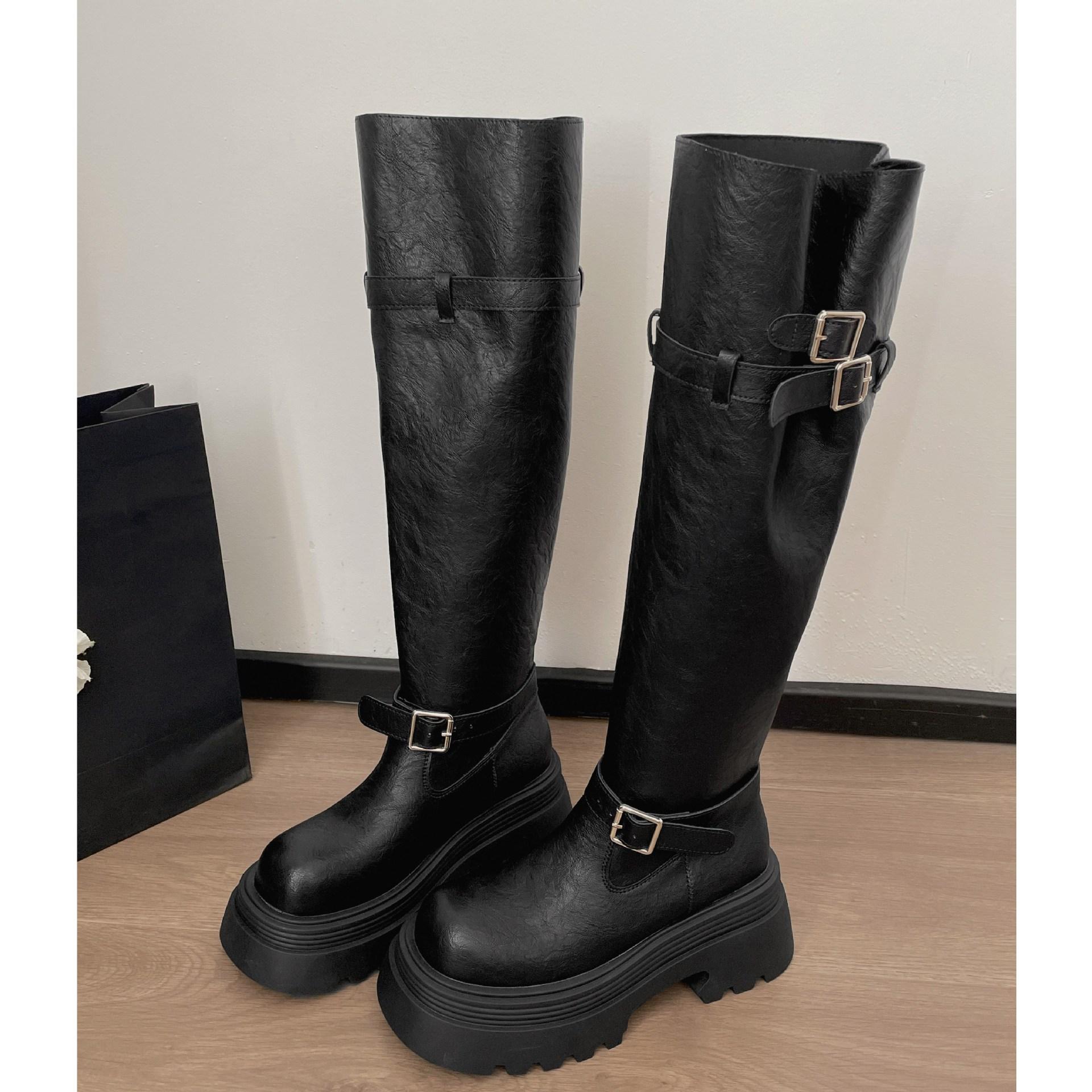

Black retro platform boots women s boots 2025 new autumn small slim versatile pile knight boots 40 чорний