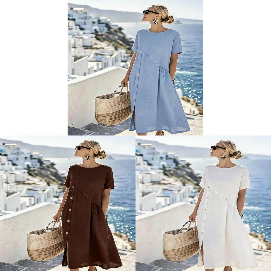 Casual Linen Cotton Dress With Button Decor For Summer Comfort And Office Style