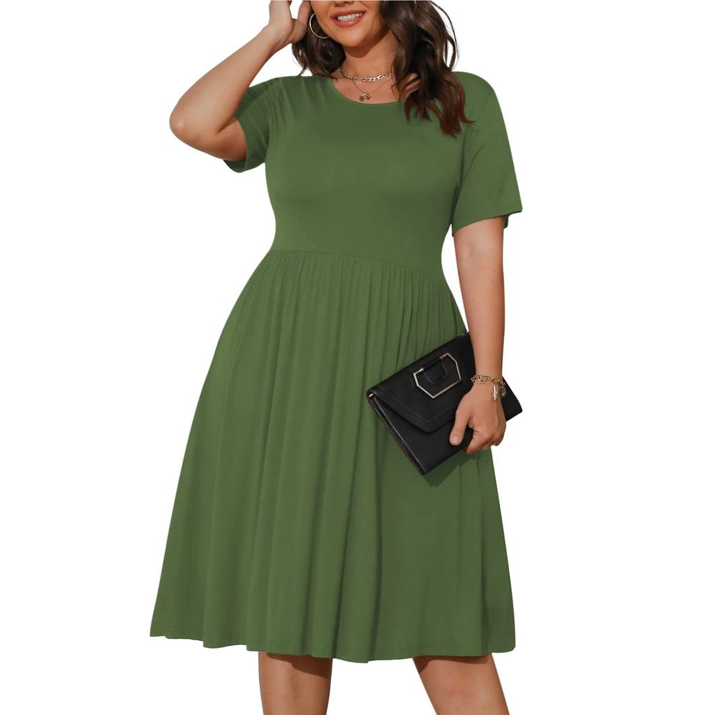 Sommerkleid für Damen in Übergröße, lässig, kurzärmlig, palettierte Taille, lockere Passform, Swing-T-Shirt-Kleid mit Taschen