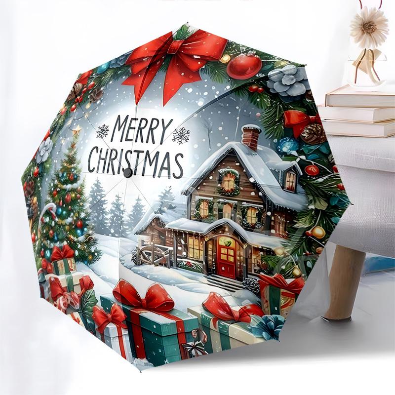 

1pc Merry Christmas! Automatic Opening/Closing Umbrella with Portable Tri-Fold Design, 8-Bone Iron Frame, Outdoor Umbrella, Festive Gift for Fans, Tra