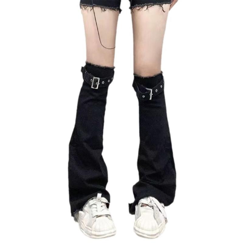 Damen Used Look Schwarze Jeans Beinwärmer mit Ösenriemen Y2K Punk Schlag Über Knie Socken Beinabdeckung Ärmel Streetwear