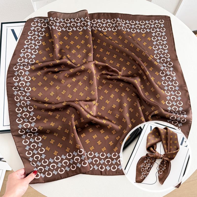 Damski jedwabny szalik w koreańskim stylu: Wszechstronny kwadratowy szalik z kamelią na wiosnę i jesień - do noszenia na szyi, na torebce lub we włosach