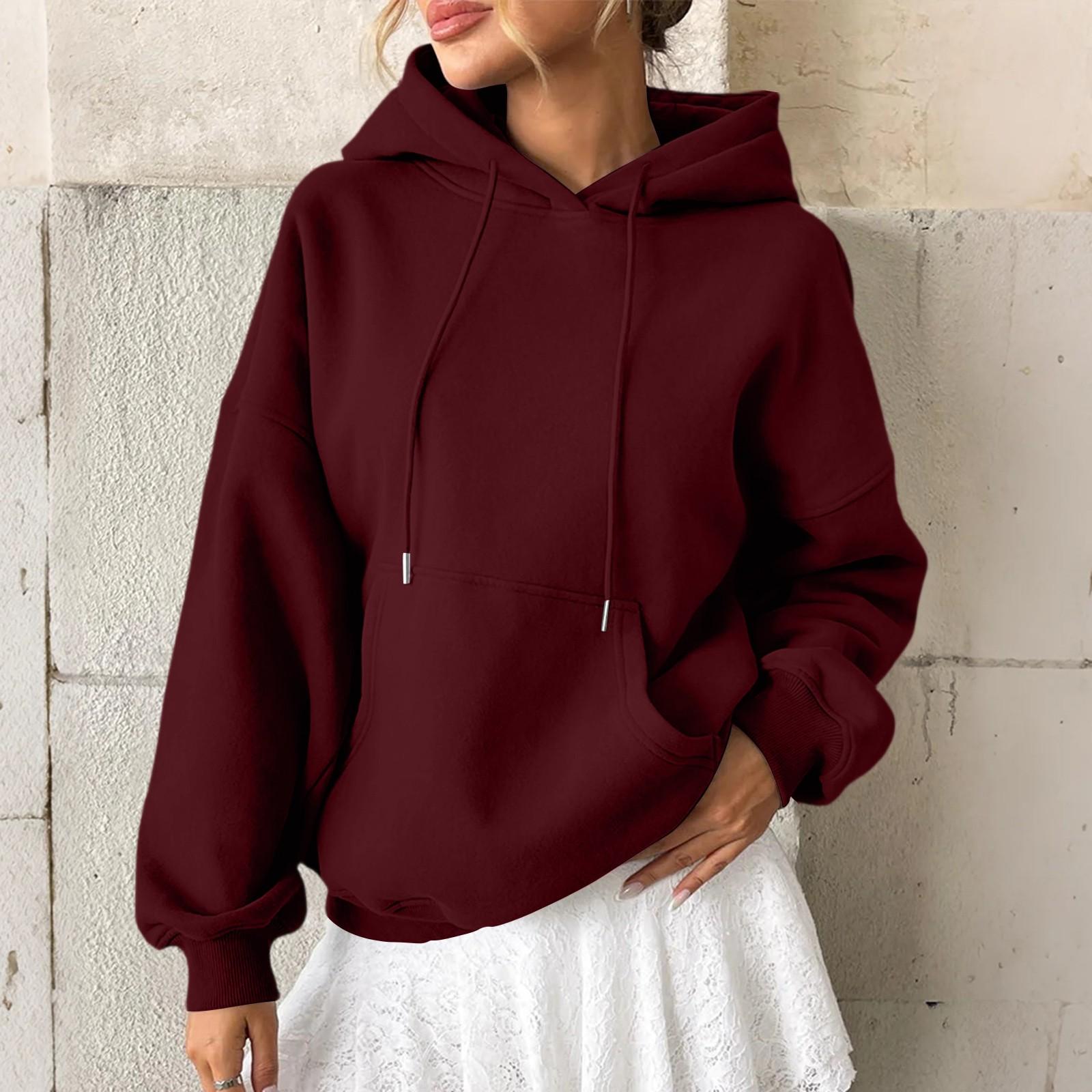 

Women s Hoodie Casual Fashion Long Sleeved Solid Color Hooded Hoodie XL винный