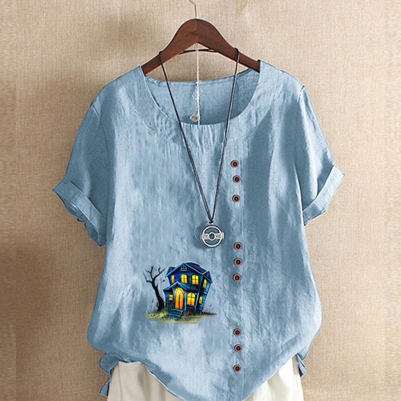 Women's Fashion Round Neck Short Sleeve T-shirt Casual Cotton Linen Graphic Shirt Leisure Loose Haunted House Prined Summer Blouse Tops