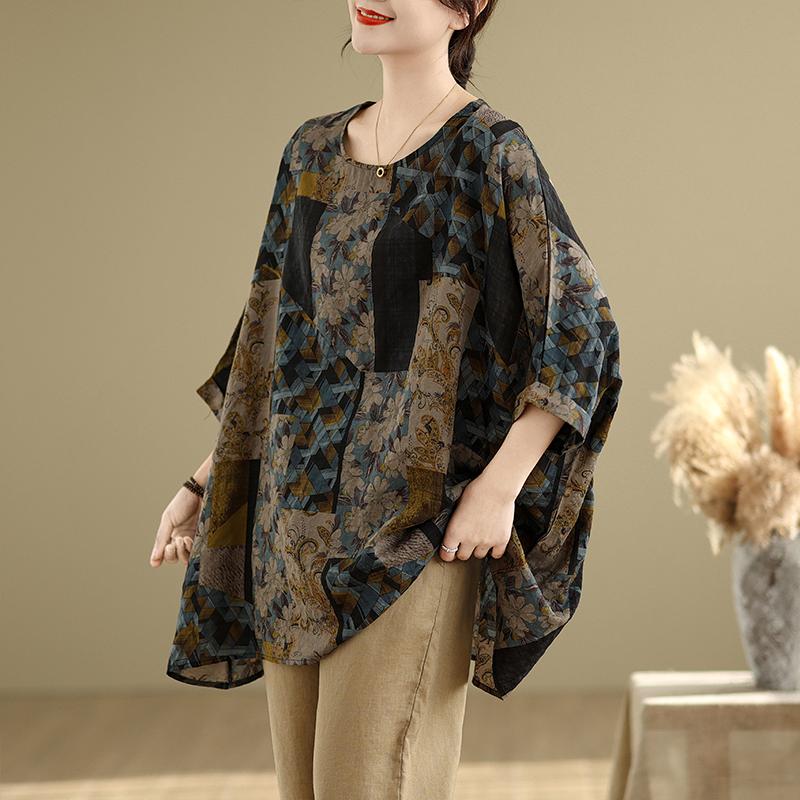 DIMANAF 2025 Lente T-shirt Plus Size Dames Print Vleermuismouw Bloemen Vintage Losse Tops Casual